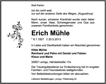 Anzeige  Erich Mühle  Lippische Landes-Zeitung