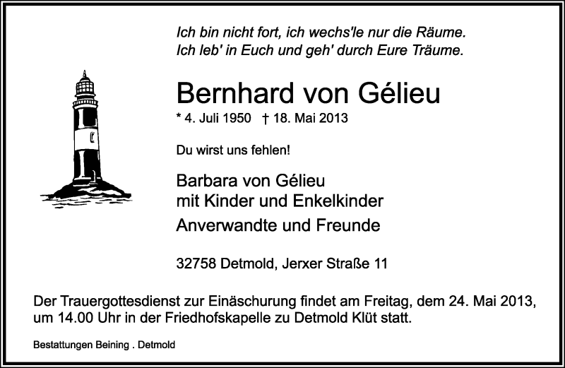  Traueranzeige für Bernhard von Gelieu vom 22.05.2013 aus Lippische Landes-Zeitung