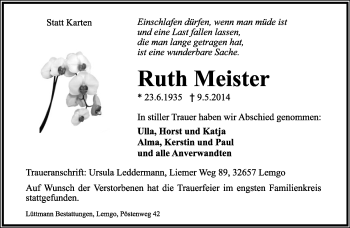 Anzeige  Ruth Meister  Lippische Landes-Zeitung