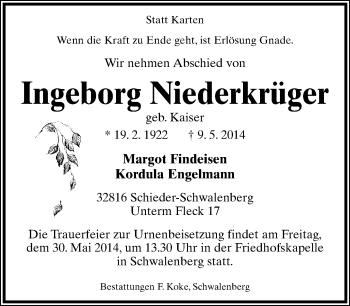 Anzeige  Ingeborg Niederkrüger  Lippische Landes-Zeitung