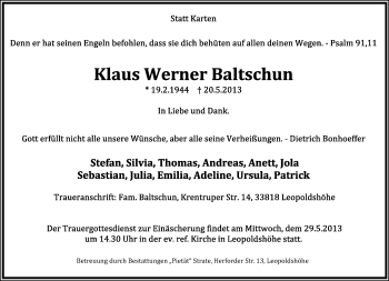 Anzeige  Klaus-Werner Baltschun  Lippische Landes-Zeitung