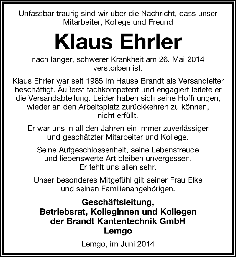  Traueranzeige für Klaus Ehrler vom 04.06.2014 aus Lippische Landes-Zeitung