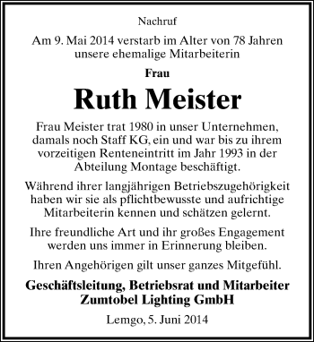 Anzeige  Ruth Meister  Lippische Landes-Zeitung
