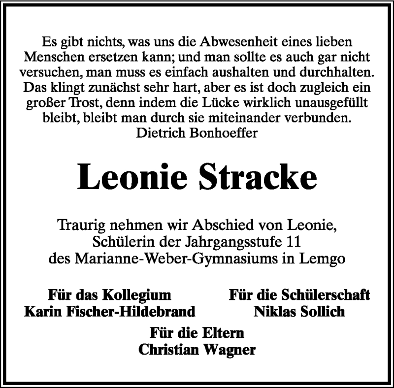  Traueranzeige für Leonie Stracke vom 07.05.2011 aus Lippische Landes-Zeitung