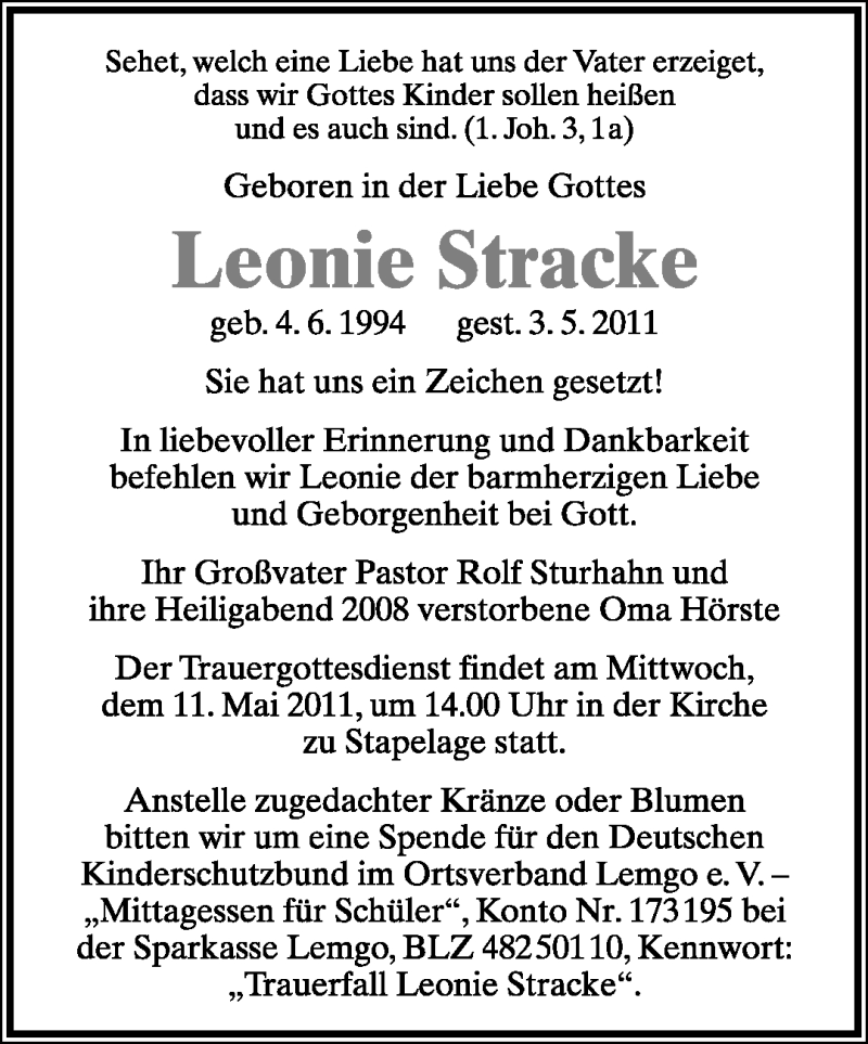  Traueranzeige für Leonie Stracke vom 07.05.2011 aus Lippische Landes-Zeitung