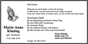 Anzeige  Marie-Anne Klasing  Lippische Landes-Zeitung