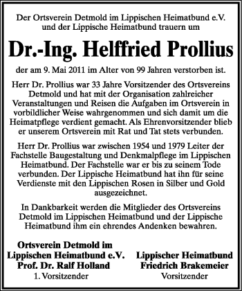 Anzeige  Otto Helffried Prollius  Lippische Landes-Zeitung