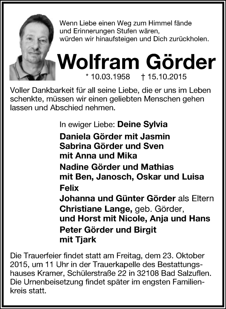  Traueranzeige für Wolfram Görder vom 21.10.2015 aus Lippische Landes-Zeitung