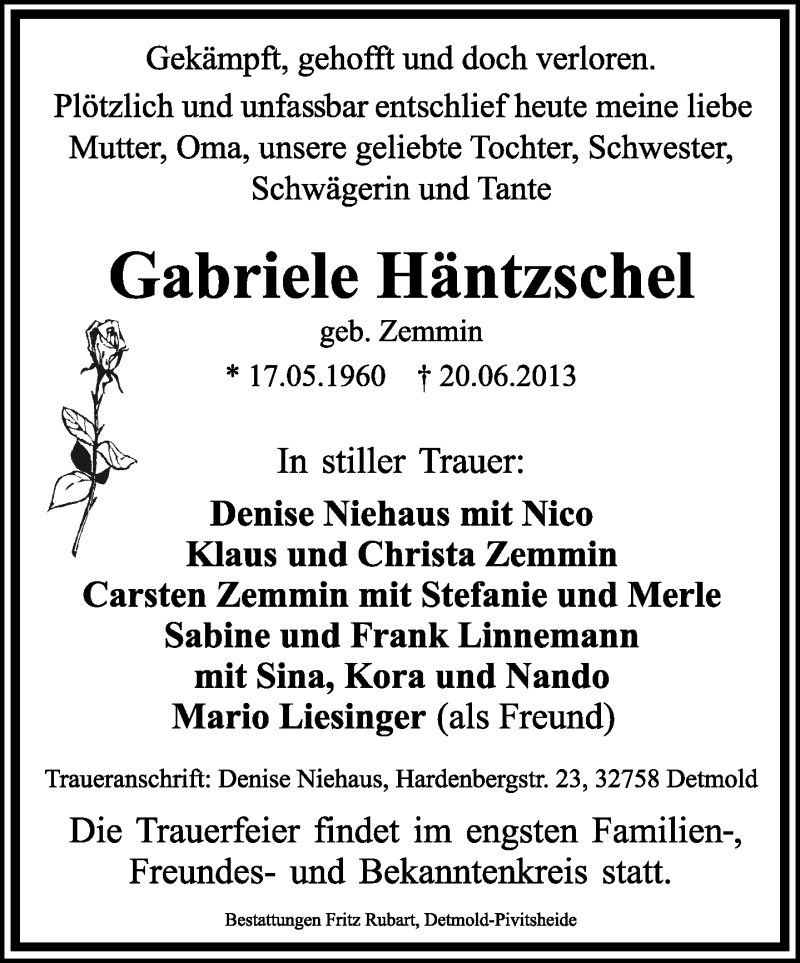  Traueranzeige für Gabriele Häntzschel vom 22.06.2013 aus Lippische Landes-Zeitung