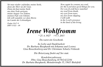 Anzeige  Irene Wohlfromm  Lippische Landes-Zeitung