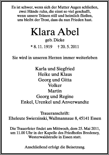 Anzeige  Klara Abel  Lippische Landes-Zeitung
