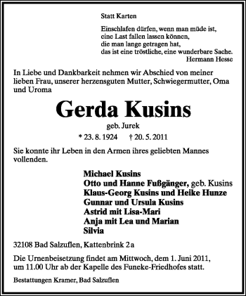 Anzeige  Gerda Kusins  Lippische Landes-Zeitung