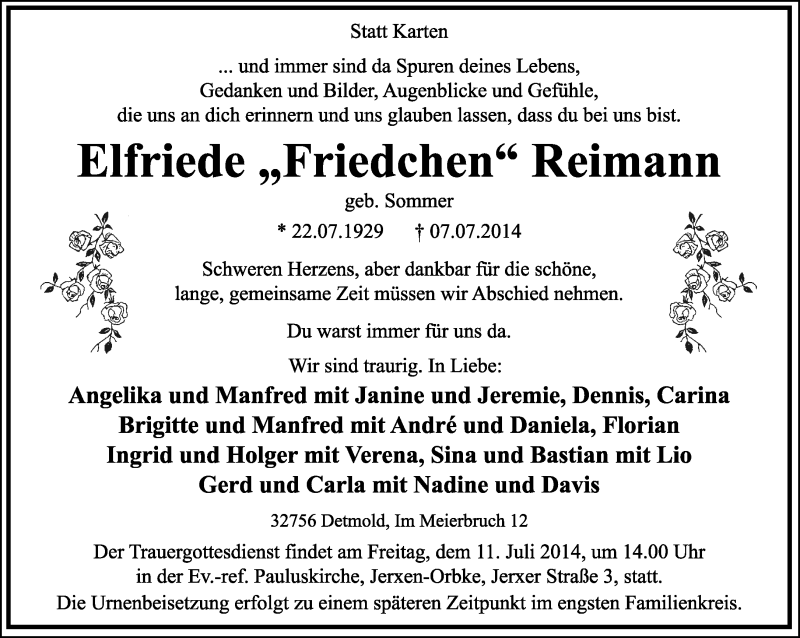  Traueranzeige für Elfriede Reimann vom 09.07.2014 aus Lippische Landes-Zeitung