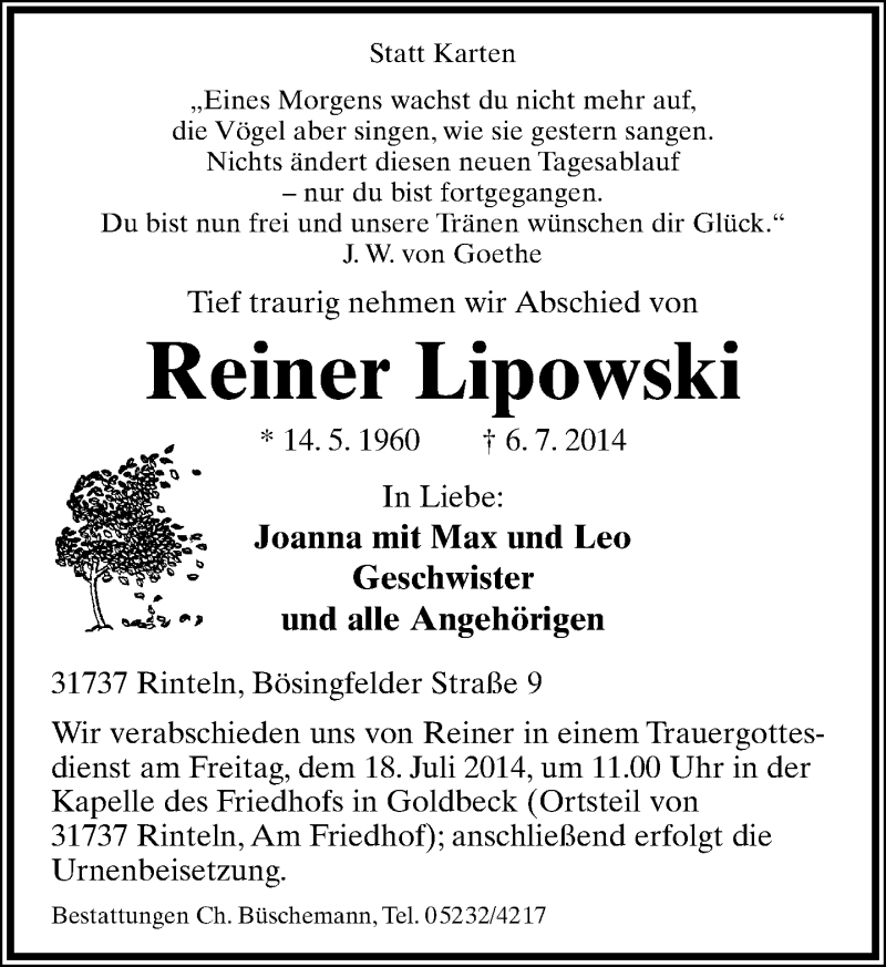  Traueranzeige für Rainer Lipowski vom 12.07.2014 aus Lippische Landes-Zeitung