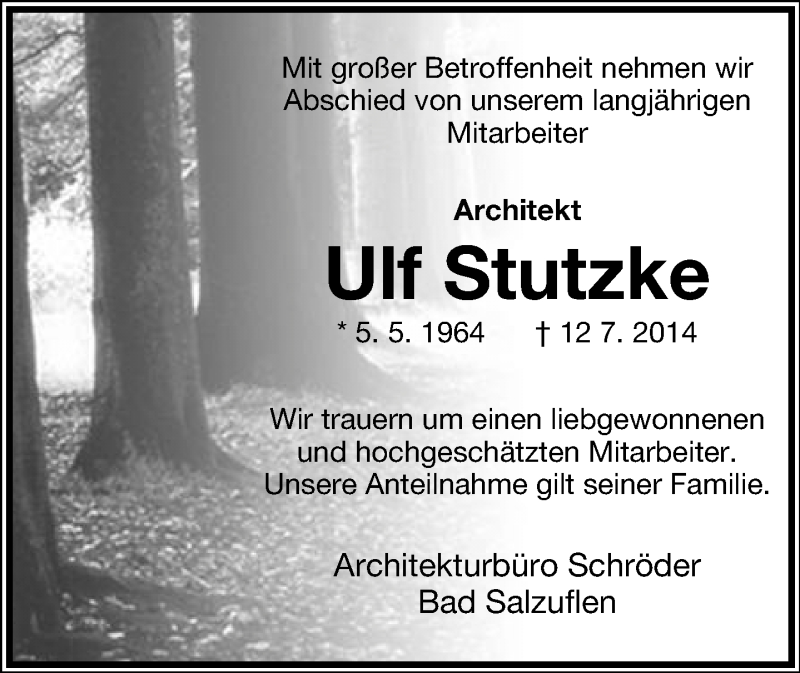  Traueranzeige für Ulf Stutzke vom 21.07.2014 aus Lippische Landes-Zeitung