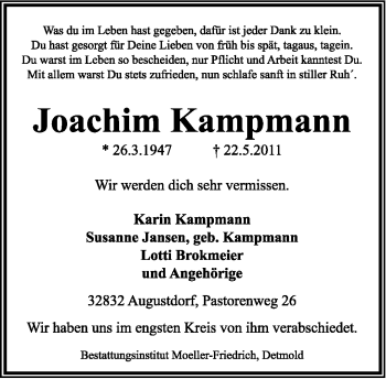 Anzeige  Joachim Kampmann  Lippische Landes-Zeitung