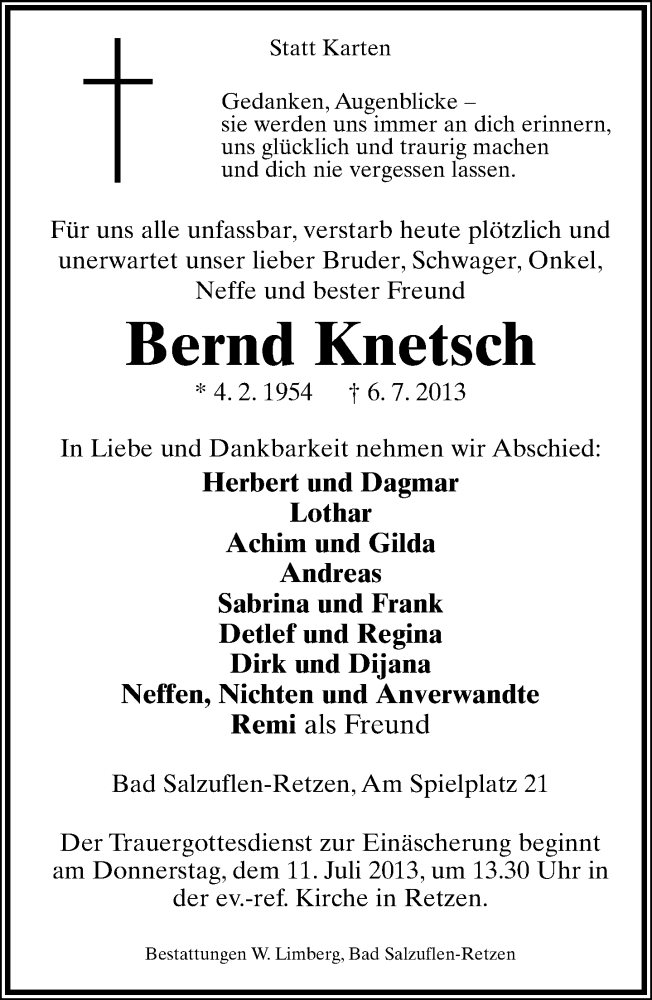  Traueranzeige für Bernd Knetsch vom 09.07.2013 aus Lippische Landes-Zeitung