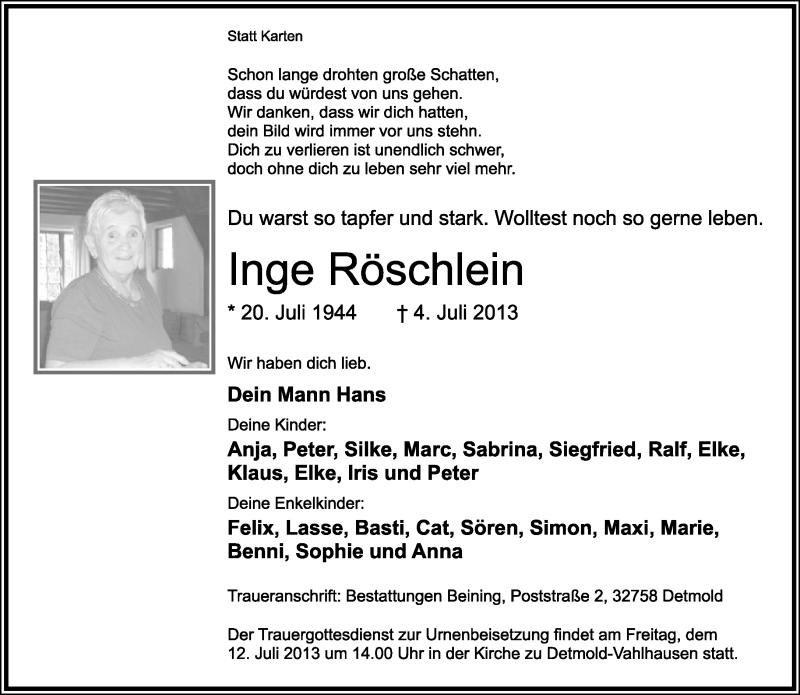  Traueranzeige für Inge Röschlein vom 09.07.2013 aus Lippische Landes-Zeitung