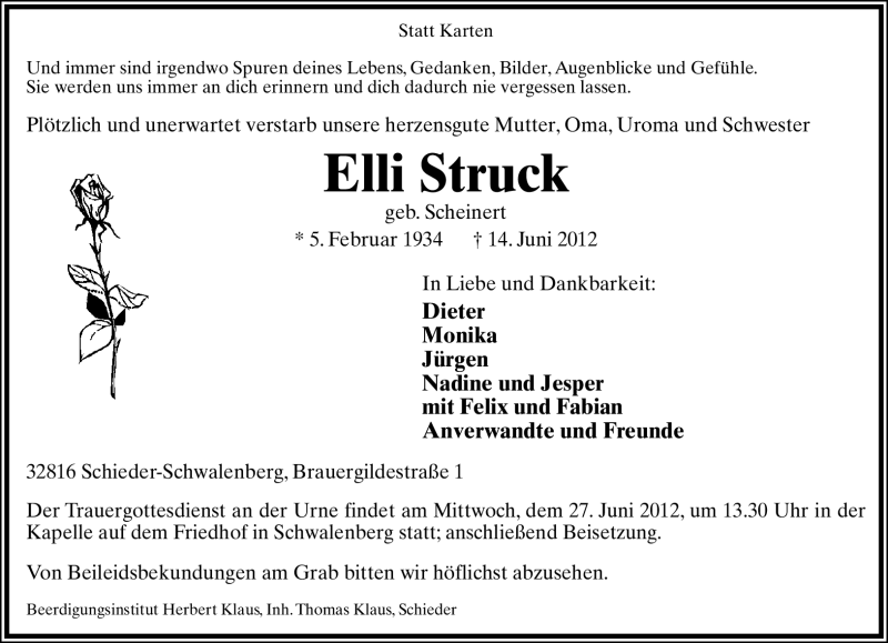  Traueranzeige für Elli Struck vom 23.06.2012 aus Lippische Landes-Zeitung