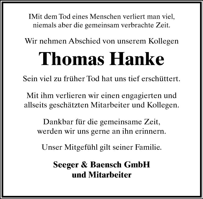  Traueranzeige für Thomas Hanke vom 23.07.2014 aus Lippische Landes-Zeitung