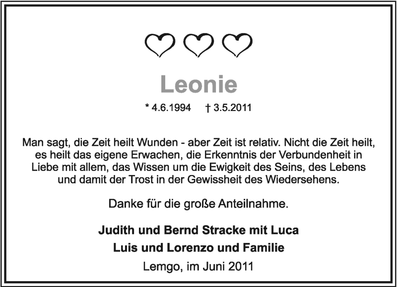  Traueranzeige für Leonie Stracke vom 04.06.2011 aus Lippische Landes-Zeitung