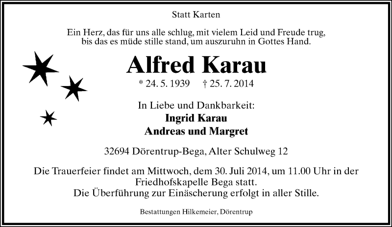  Traueranzeige für Alfred Karau vom 26.07.2014 aus Lippische Landes-Zeitung