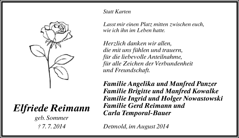  Traueranzeige für Elfriede Reimann vom 02.08.2014 aus Lippische Landes-Zeitung