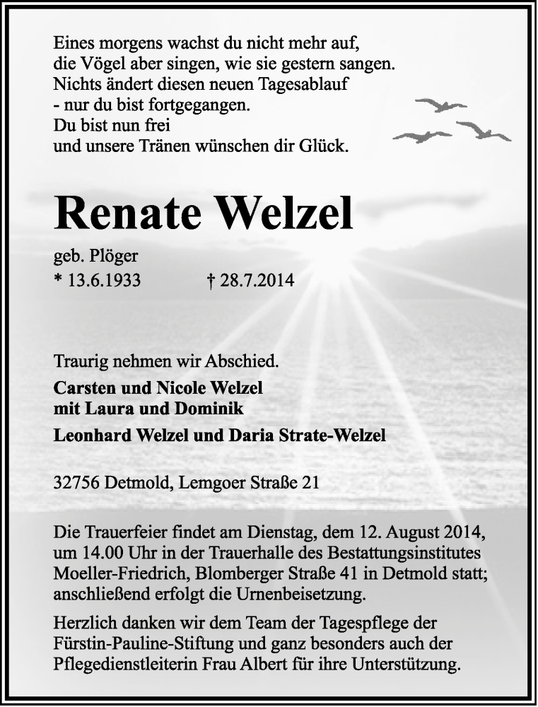  Traueranzeige für Renate Welzel vom 02.08.2014 aus Lippische Landes-Zeitung