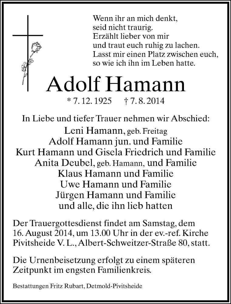  Traueranzeige für Adolf Hamann vom 12.08.2014 aus Lippische Landes-Zeitung