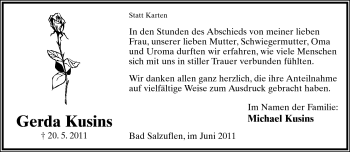 Anzeige  Gerda Kusins  Lippische Landes-Zeitung