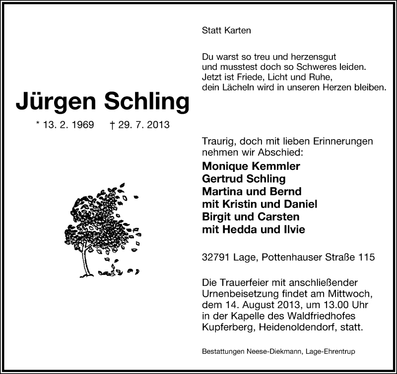  Traueranzeige für Jürgen Schling vom 03.08.2013 aus Lippische Landes-Zeitung