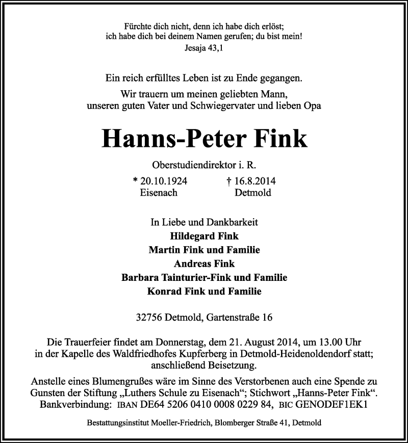 Traueranzeige für Hanns-Peter Fink vom 18.08.2014 aus Lippische Landes-Zeitung