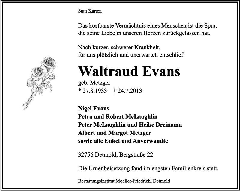  Traueranzeige für Waltraud Evans vom 10.08.2013 aus Lippische Landes-Zeitung