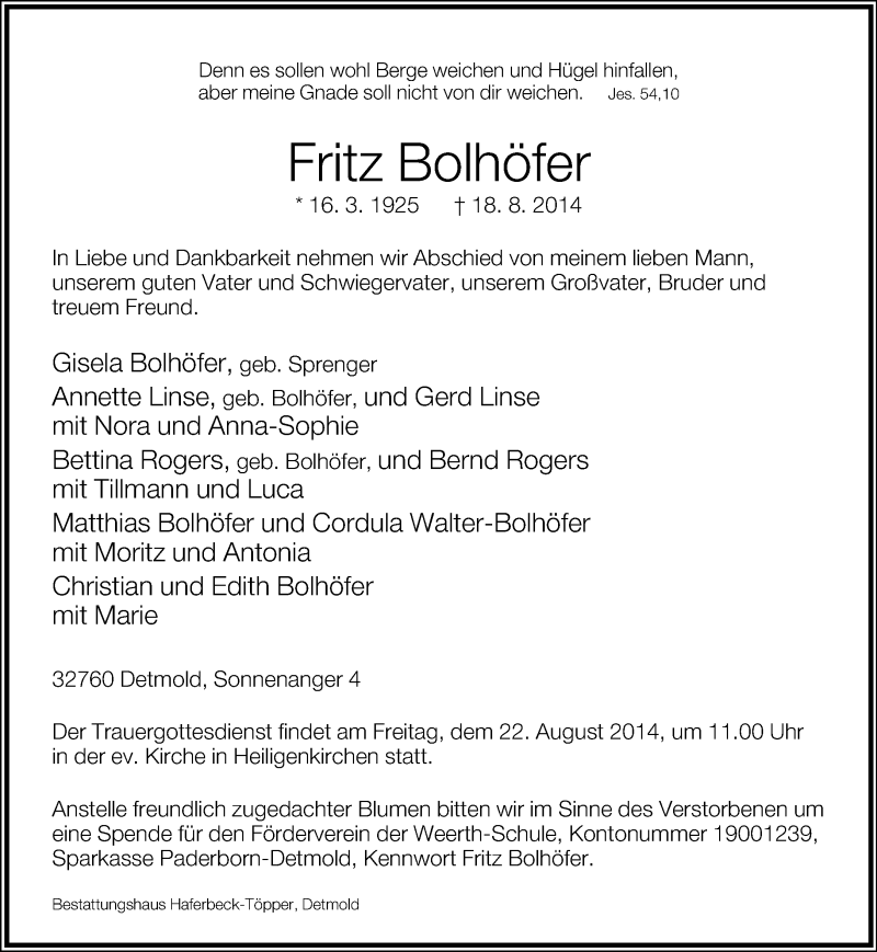  Traueranzeige für Fritz Bolhöfer vom 20.08.2014 aus Lippische Landes-Zeitung