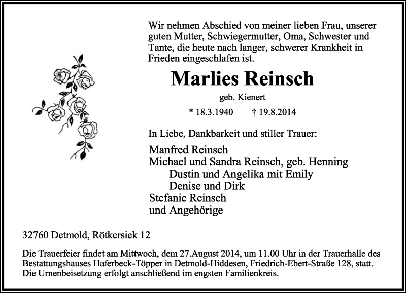  Traueranzeige für Marlies Reinsch vom 23.08.2014 aus Lippische Landes-Zeitung