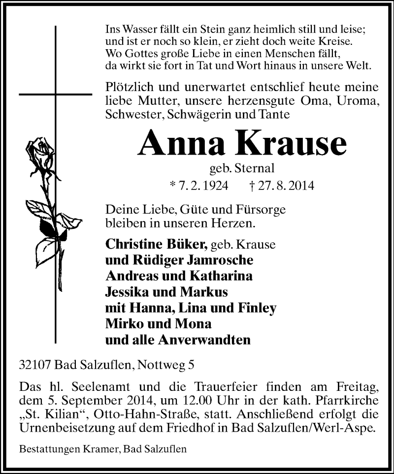  Traueranzeige für Anna Krause vom 30.08.2014 aus Lippische Landes-Zeitung