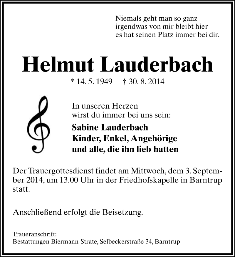  Traueranzeige für Helmut Lauderbach vom 01.09.2014 aus Lippische Landes-Zeitung