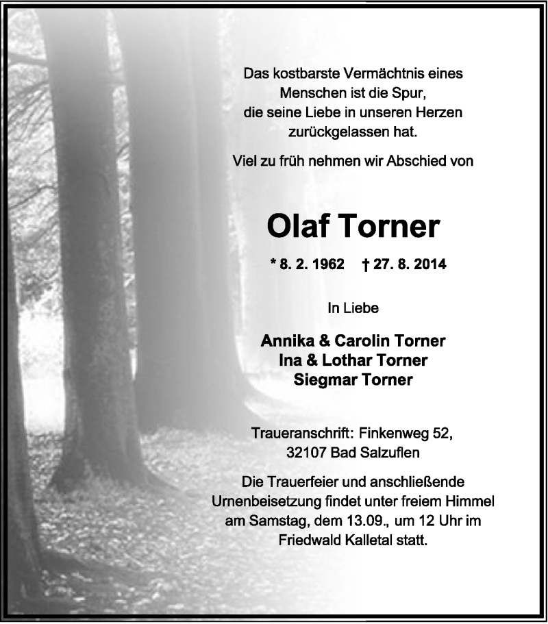  Traueranzeige für Olaf Torner vom 01.09.2014 aus Lippische Landes-Zeitung