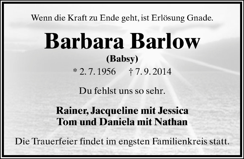  Traueranzeige für Barbara Barlow vom 13.09.2014 aus Lippische Landes-Zeitung