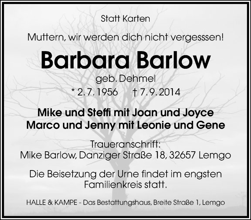  Traueranzeige für Barbara Barlow vom 13.09.2014 aus Lippische Landes-Zeitung