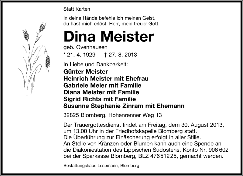  Traueranzeige für Dina Meister vom 29.08.2013 aus Lippische Landes-Zeitung