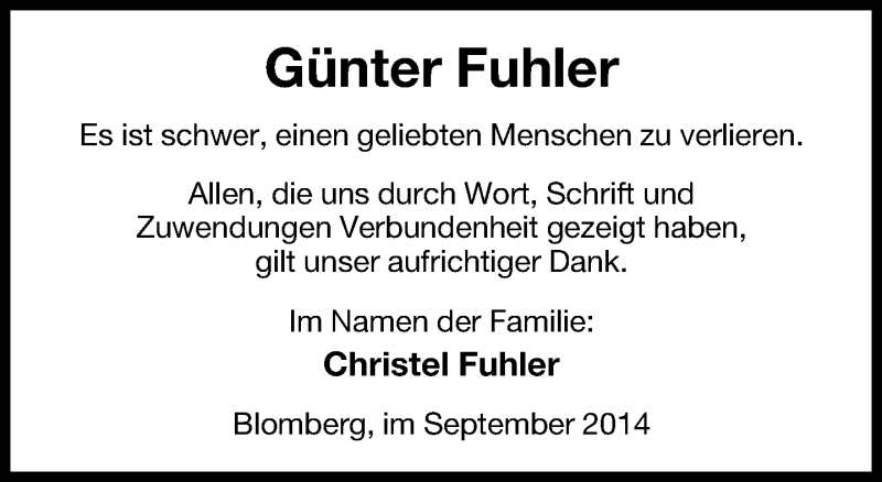  Traueranzeige für Günter Fuhler vom 13.09.2014 aus Lippische Landes-Zeitung