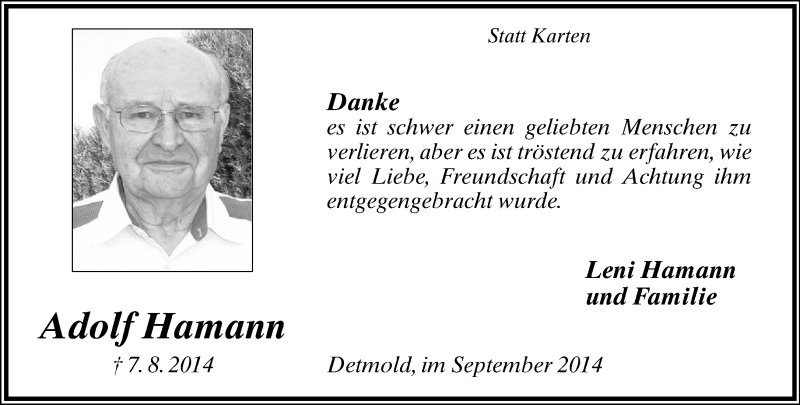 Traueranzeige für Adolf Hamann vom 13.09.2014 aus Lippische Landes-Zeitung