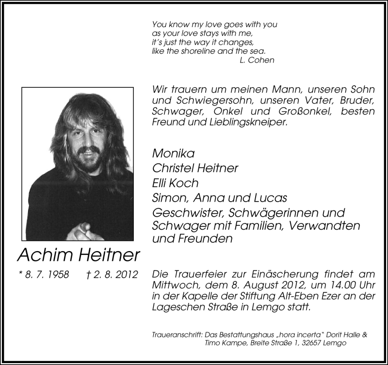  Traueranzeige für Achim Heitner vom 04.08.2012 aus Lippische Landes-Zeitung