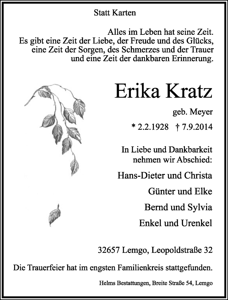  Traueranzeige für Erika Kratz vom 13.09.2014 aus Lippische Landes-Zeitung