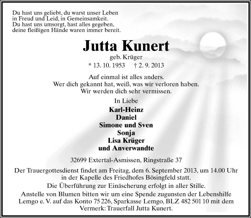  Traueranzeige für Jutta Kunert vom 04.09.2013 aus Lippische Landes-Zeitung