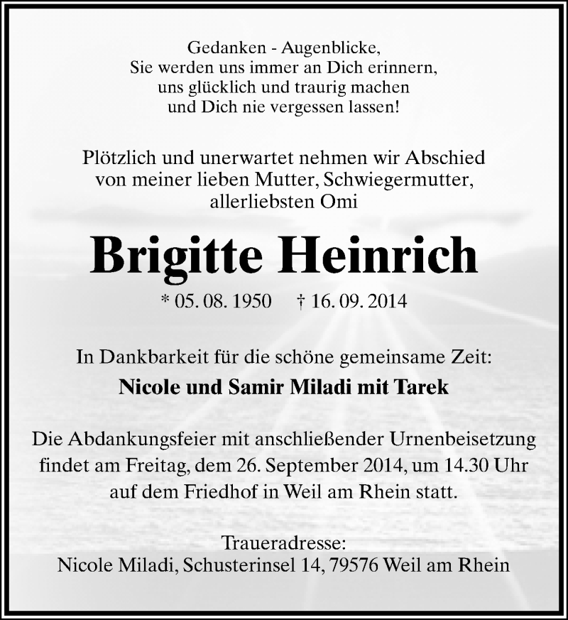  Traueranzeige für Brigitte Heinrich vom 20.09.2014 aus Lippische Landes-Zeitung