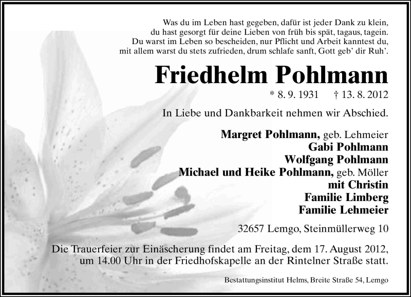  Traueranzeige für Friedhelm Pohlmann vom 14.08.2012 aus Lippische Landes-Zeitung