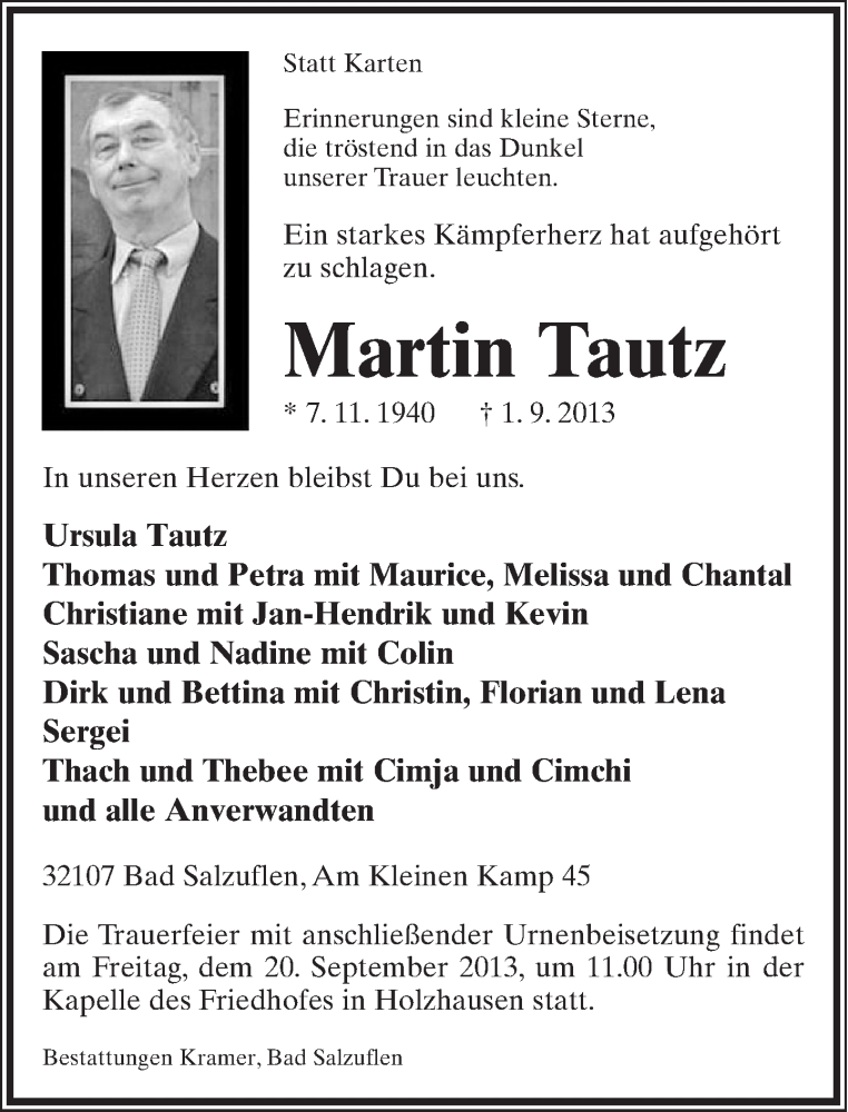  Traueranzeige für Martin Tautz vom 07.09.2013 aus Lippische Landes-Zeitung