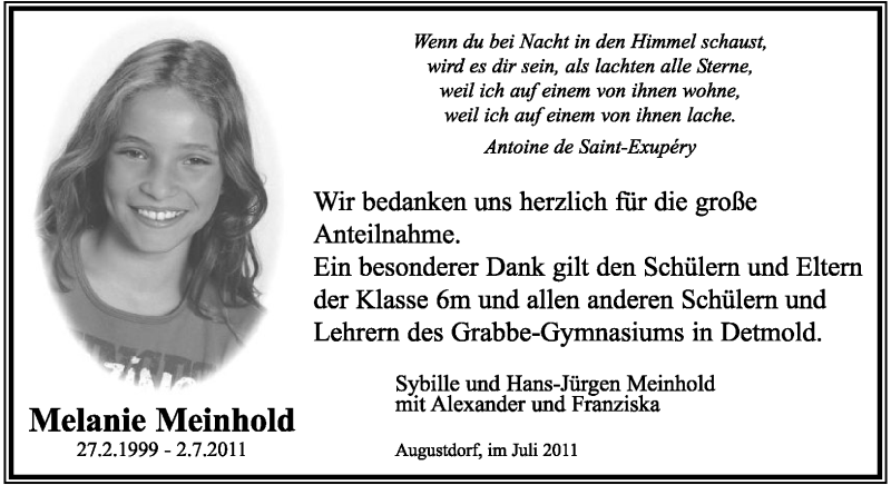  Traueranzeige für Melanie Meinhold vom 22.07.2011 aus Lippische Landes-Zeitung